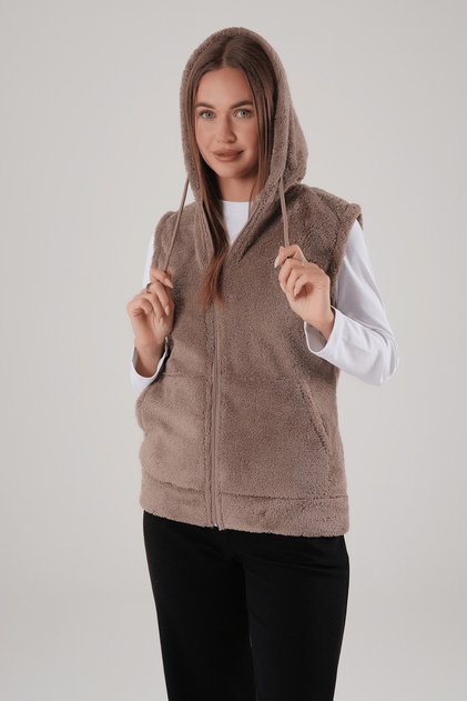 Milky Brown Hooded Zippered Plush Vest
