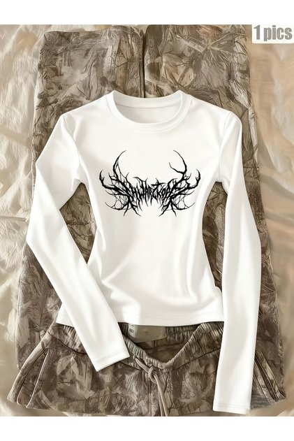 Long Sleeve Gothic Graph Printed Blouse Body