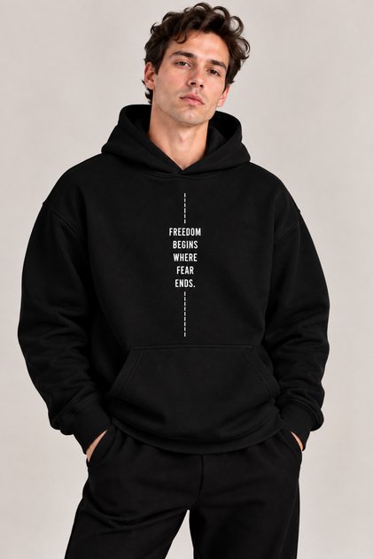 Fear Ends Detail Printed Men's Hooded Sweatshirt Hoodie