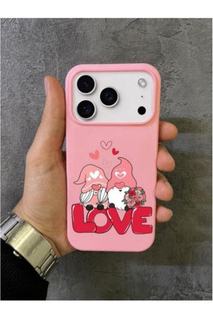 iPhone 17 Pro Max - 18 Pro Max Compatible Romantic Love Written Sweet Gnomes Patterned Pink Case