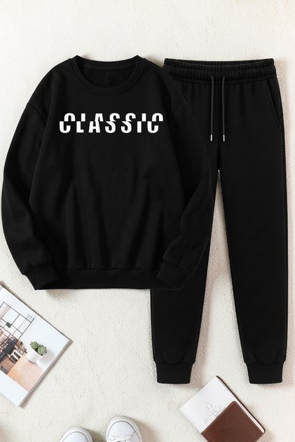 Unisex Classical Printed Crew Neck Sweatshirt - 2-Piece Tracksuit Set