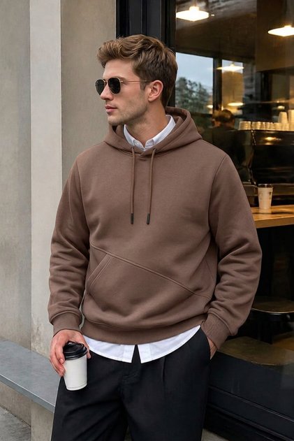 Men's Winter 3-Strand Fleece Hooded Oversize Sweatshirt with Cut-Out Pockets - Brown