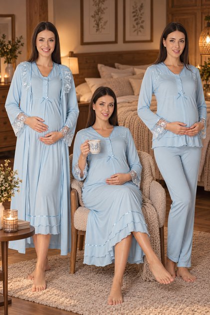 100% Cotton Lace Detailed 4-Piece Maternity Set with Hidden Breastfeeding Feature