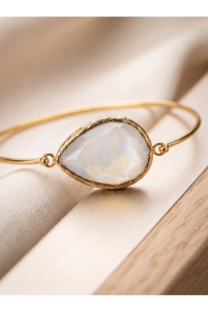 White Natural Stone Drop Detailed Gold Color Women's Bracelet