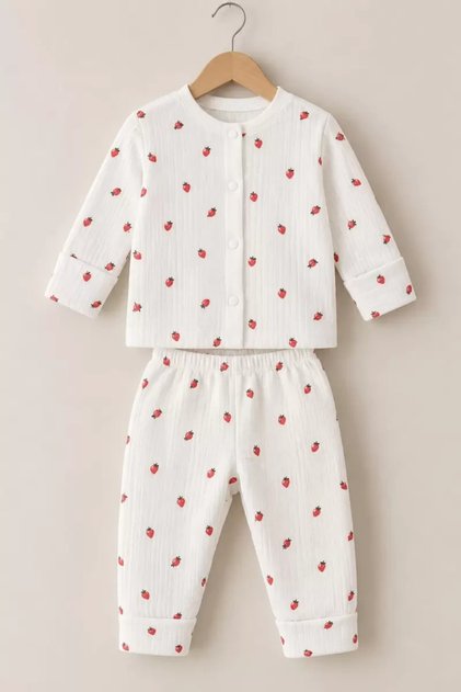 3-12 Months Strawberry Printed Combed Cotton Baby Pajama Set with Snap Fasteners