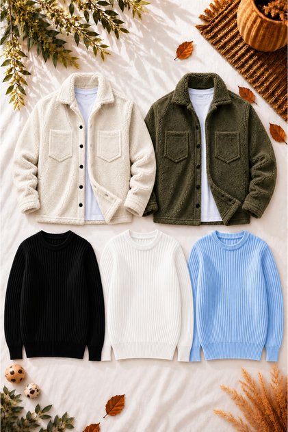 Men's 5-Piece Winter Combination Set 2 Plush Jackets 3 Crew Neck Ribbed Knit Sweaters Thick Textured