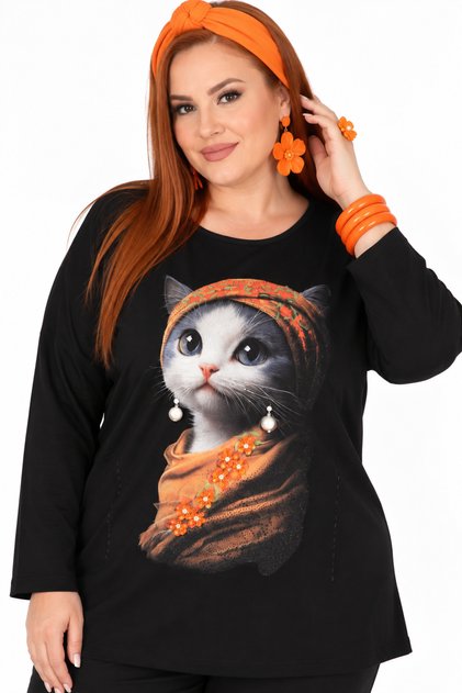 Plus Size Cat Printed Stone and Pearl Detailed Crew Neck Capri Sleeve Women's Blouse