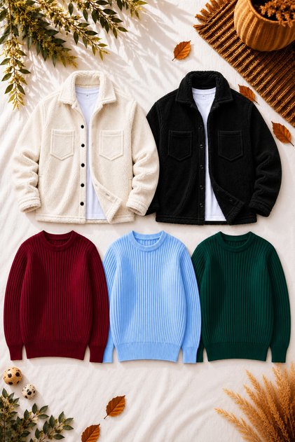 Men's 5-Piece Winter Combination Set 2 Plush Jackets 3 Crew Neck Ribbed Knit Sweaters Thick Textured