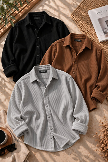 Men's 3-Piece Seasonal Shirt Set Ottoman Textured Twill Fabric Oversize Long Sleeve Pocketless Buttoned