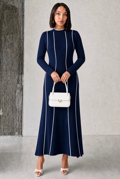 Women's Navy Blue Stylish Line Detailed Long Sleeve Crew Neck Knitwear Dress (Size S/M)