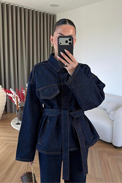 Set din denim pentru femei, cu jachetă oversize și pantaloni, cu detaliu cu legare