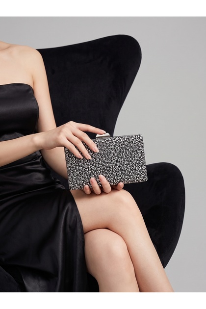Black Suede Women's Evening Dress Bag with Silver Crystal Stones for Wedding Engagement Graduation