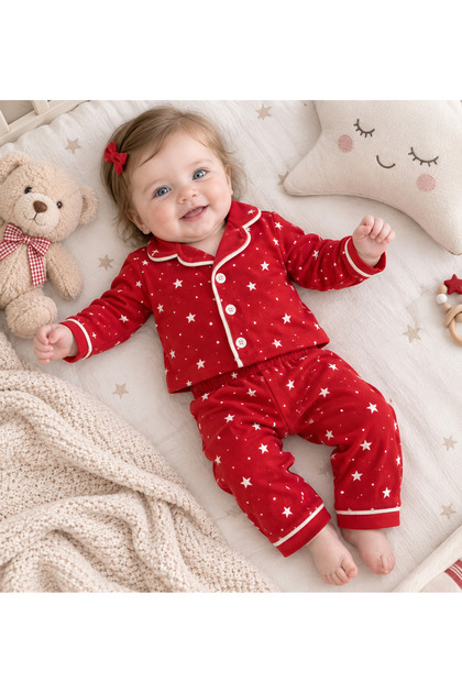 Star Patterned Long Sleeved Baby Pajama Set - 100% Cotton