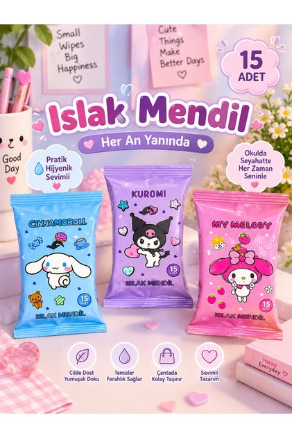 Sanrio Kuromi My Melody Cinnamoroll Temalı Islak Mendil - 1 Paket Gönderilir İçeriğinde 15 Adet Islak Mendil Bulunur