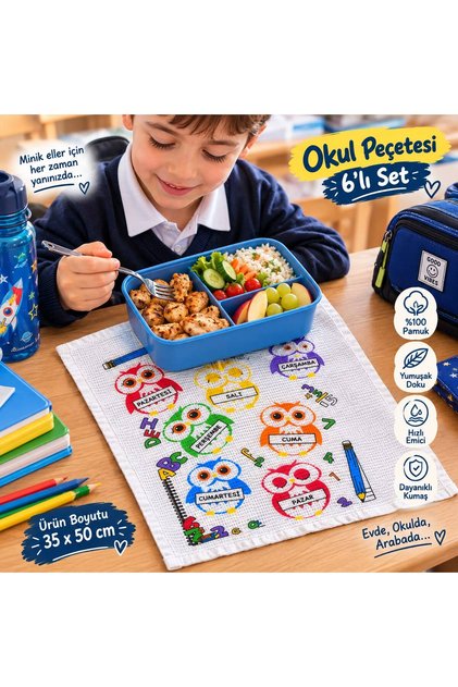 Yıkanabilir Baskılı Okul Peçetesi & Beslenme Örtüsü & Beslenme Bezi & Servis Peçetesi Anaokulu/İlkokul/Ortaokul 6 lı