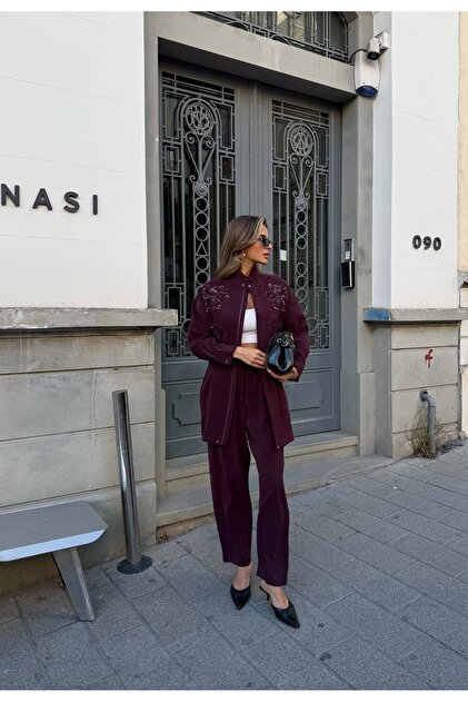 Women's Front Sleeves with Bead Embroidery Tansel Fabric Bambir Ceken Pant Suit