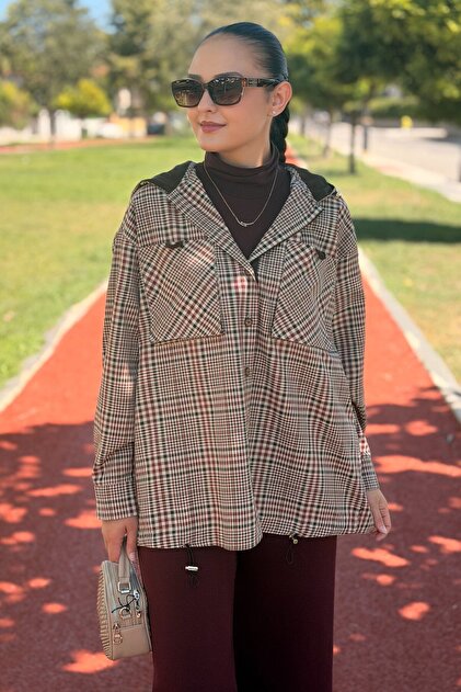 Hooded Plaid Shirt Jacket with Stopper Detail