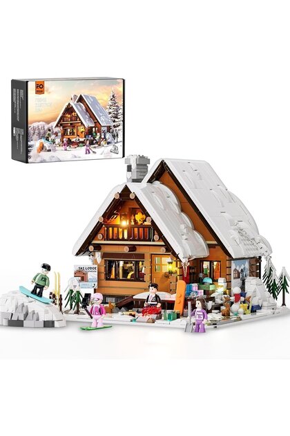 Christmas Ski House Işıklı Yapı Blokları Seti, 2187 Parça, Kar Evinde Kayak ve Noel Partisi Sahnesi