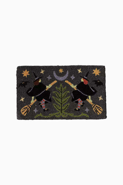 Mystic Cat Plum Printed Coconut Fiber Door Mat - Black
