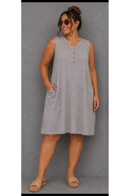 Yikamali 100% Cotton Fabric Comfortable Fit Dress with Button Pockets