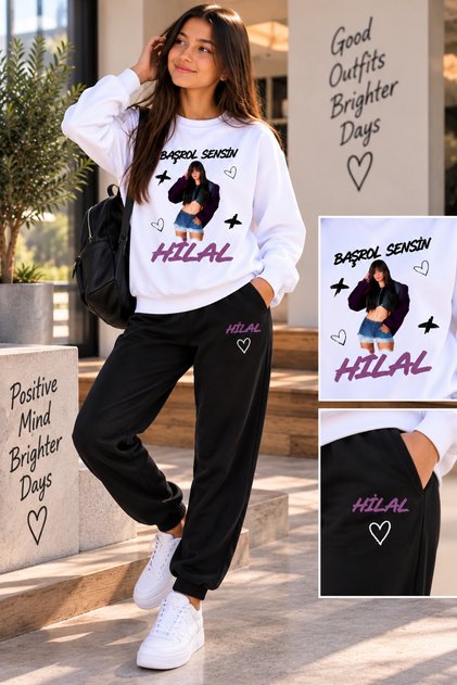 Girl's Manifest Crescent Printed White Sweatshirt Black Tracksuit 2-Piece Set