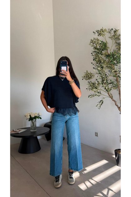Light blue belted wide leg jeans