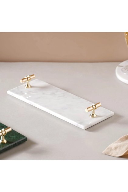 White Rectangular Marble Tray with Golden T Shaped Handles- Vanity Tray, Decorative Tray for Bedroom and Living Area, Perfume Makeup and Jewellery Tray.