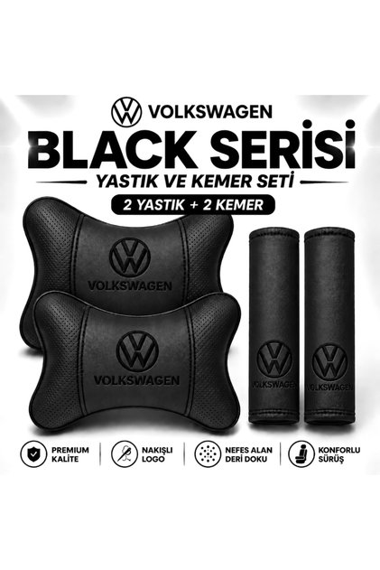 Volkswagen Black Serisi 4 Parça Oto Boyun Yastığı ve Emniyet Kemer Pedi Seti – 2 Yastık + 2 Kemer Pedi, Siyah Nakışlı