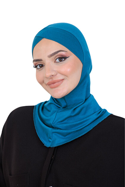 حجاب رياضي نسائي جاهز للارتداء بتصميم متقاطع من الأمام، مرن من قطعة واحدة، باللون الفيروزي