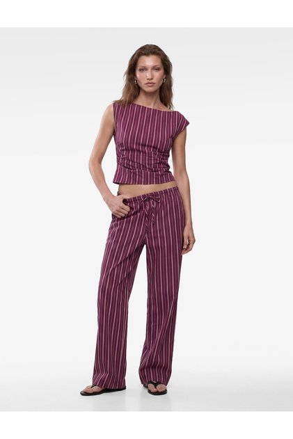 X Melis Ağazat - Viscose Straight Striped Trousers with Tie Waist