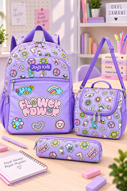 Flower Power Patterned 3-Piece Primary School School Bag Set – Backpack, Lunch Bag, and Pencil Case