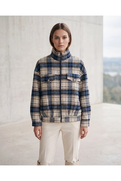 Plaid Patterned Cashmere Double Pocket Jacket