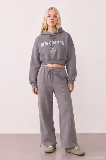 Crop Detailed Sweatshirt Anthracite