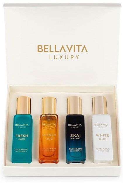 مجموعة هدايا كولونيا للجنسين BellaVita Luxury (4×20 مل) |   عطور للنساء والرجال |   يتضمن Honey OUD ، SK