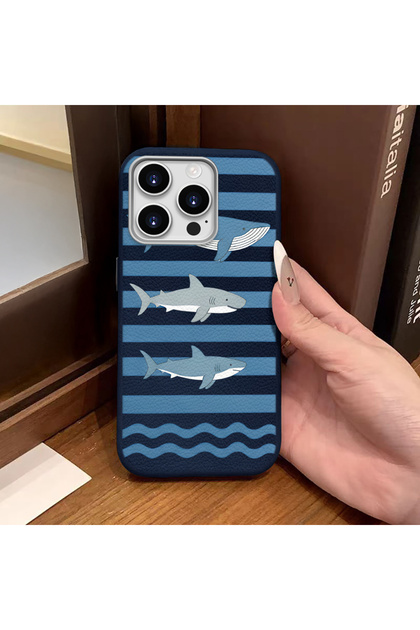 iPhone 14 Pro Compatible Blue Leather Textured Silicone Camera Protects Shock-Absorbing Sea Animals Patterned Case