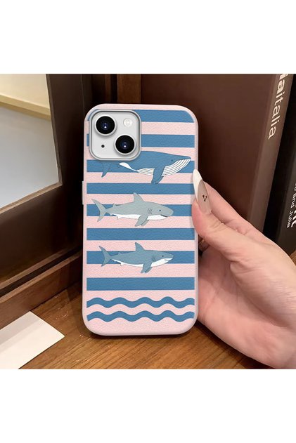 iPhone 15 Compatible Pink Leather Textured Silicone Camera Protective Shock-Absorbing Case with Sea Animal Pattern