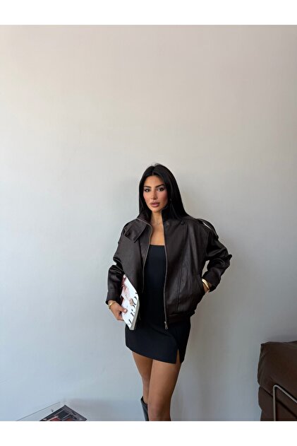 Oversize Laminated Coated Imported Bitter Brown Buble Leather Jacket
