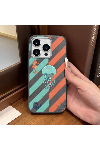 iPhone 14 Pro Max Compatible Gray Leather Textured Silicone Camera Protection Shock Absorbing Jellyfish Pattern Case