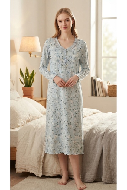Angelique 100% Cotton Fabric Long Sleeve Lace and Button Detailed Nightgown 40001-40002