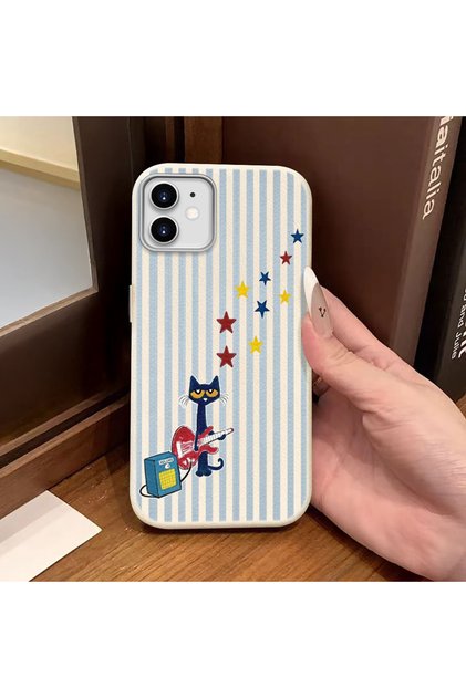 iPhone 11 Compatible White Leather Textured Silicone Protects Camera Shock-Absorbing Cat and Star Pattern Case