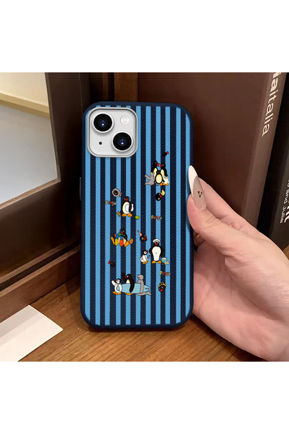 iPhone 14 Plus/15 Plus Compatible Blue Leather Textured Silicone Protects Camera Shock-Absorbing Pingu Cartoon Penguin Pattern Case