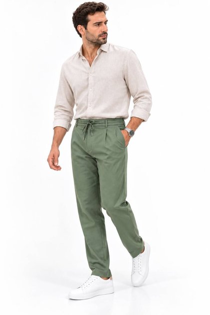 Single Pleated Lycra Comfortable Cut Pants - Dark Blue