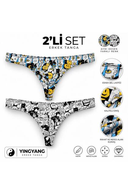 YingYang Erkek Premium Tanga 2'Li Set - Siyah Beyaz & Renkli Desenli Esnek Bel Günlük İç Giyim