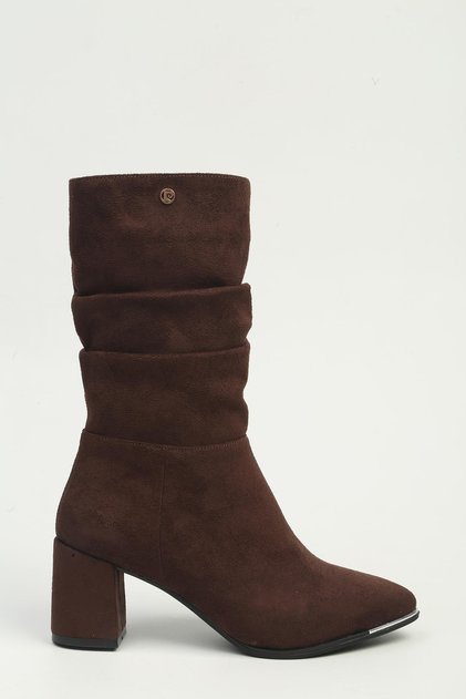 Women's Brown Suede Drawstring Fur Lined Thick Heeled Ankle Boots Pc-56205