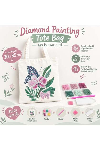 5D Elmas Taş İşlemeli Bez Çanta 30x35cm, Diamond Painting Tote Bag GWDDX19475, Elmas Boyama Bez Çant