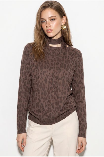 Women's Brown Leopard Patterned Knitwear Blouse with Scarf Accessory 2710 60286480