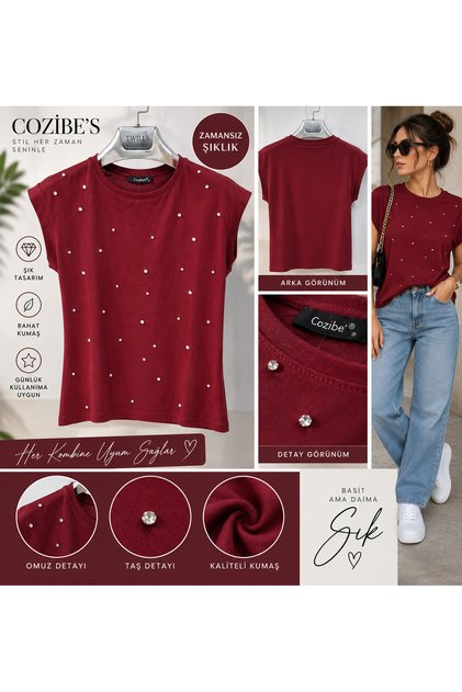 Bordo Taş Detaylı Bisiklet Yaka Kadın T-Shirt