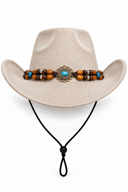 Unisex Internally Adjustable Suede-Look Turquoise Stone Beaded Fedora Model Cowboy Hat