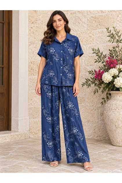 Women's Italian Short Sleeve Embossed Shirt and Trousers Set 44-48
