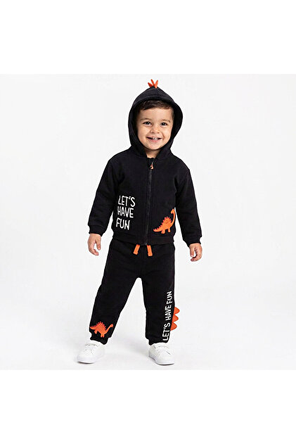 HelloBaby Erkek Bebek Eşofman Takımı Dinozor Baskılı Fermuarlı Kapüşonlu Long Sleeve Ribanalı